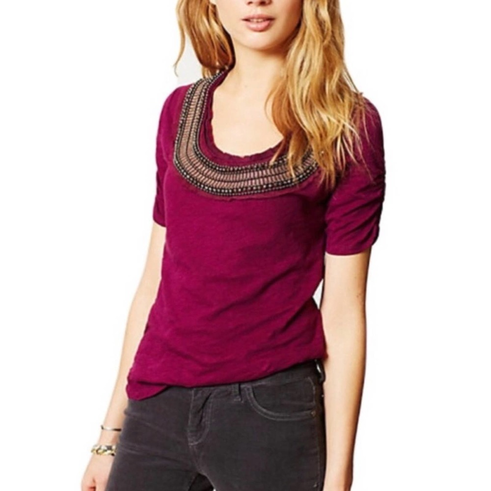 Deletta Anthro Burgundy Jewelscape embellished Top